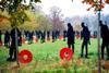 Several black silhouettes and poppy wreaths line a footpath through a park