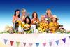 From left: Maureen Nolan, Lyn Paul, Amy Robbins, Tanya Franks, Paula Tappenden, Marti Webb and Honeysuckle Weeks in Calendar Girls the Musical