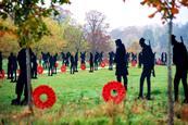 Several black silhouettes and poppy wreaths line a footpath through a park
