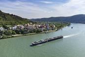 A long cruise ship sailing past a riverfront vilage