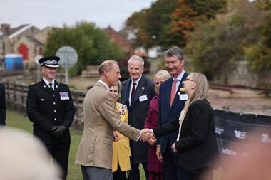 His Royal Highness The Duke of Edinburgh shaking hands with Sarah Price, Head of Locomotion, at Locomotion museum as part of S&DR200 celebrations.