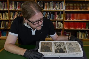 Three small drawings of the Bayeux Tapestry being looked at by a man in gloves