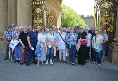 A group of people outside Chatsworth in Derbyshire.