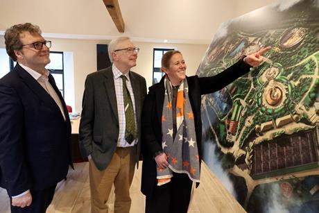 (L-R) Stephen Hall, chair of trustees, founder Jonathan Ruffer and CEO Anna Warnecke of Kynren look at plans for the daytime theme park.