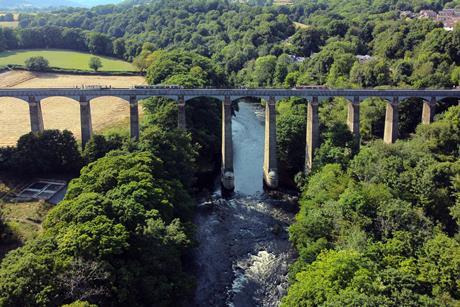 Aerial view of the Pontcysyllte Aqueduct that carries the Llangollen Canal across the River Dee in the Vale of Llangollen in northeast Wales