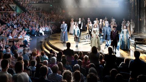 Chichester Festival Theatre auditorium - cast members of the Amadeus production bow to the audience