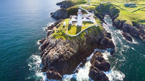 An aerial view of Fanad Head Lighthouse, Ireland