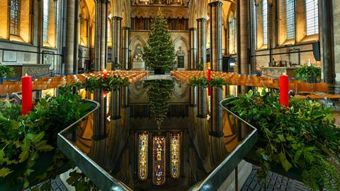 Christmas decorations inside Salisbury Cathedral
