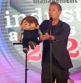 Ventriloquist Paul Zerdin with his puppet Sam