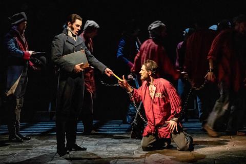Stewart Clarke as 'Javert' and Josh Piterman as 'Jean Valjean' in Les Miserables, London