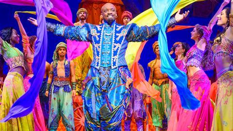 Yeukayi Ushe as Genie in the UK tour of Aladdin