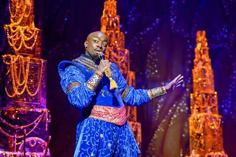 Yeukayi Ushe as Genie in the UK tour of Aladdin