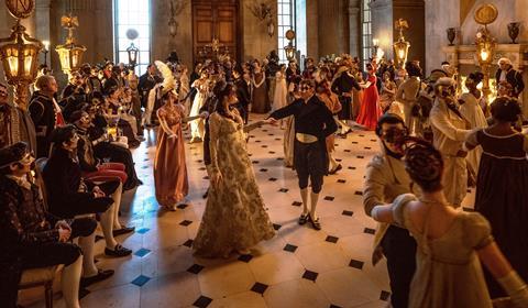 A scene from the Napoleon movie being filmed inside Blenheim Palace, Oxfordshire