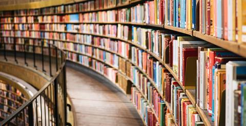 Book shelves in a library