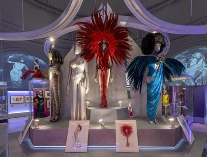 Five outfits worn by Rihanna on display at the DIVA exhibition at the Victoria and Albert Museum in London