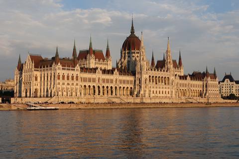 The Parliament building in Budapest, as seen from the Danube river.