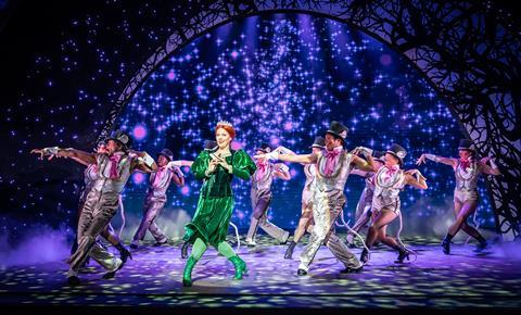 Joanne Clifton as Princess Fiona in Shrek with the tap-dancing rats on stage.