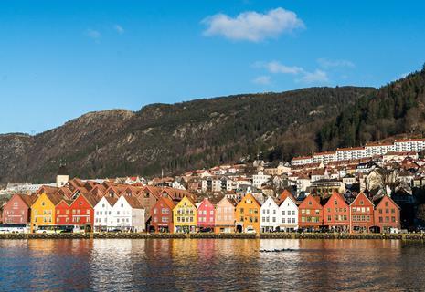 The waterfront in Bergen, Norway, lined with colourful houses.