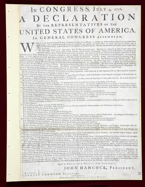 A first edition print of the US Declaration of Independence