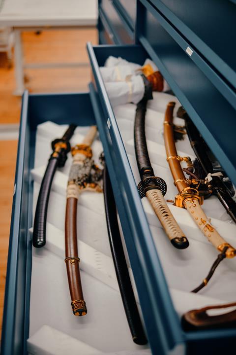 Selection of 19th century Japanese cermonial swords prepared ready to move to V&A East Storehouse