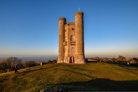 A view of Broadway Tower in the Cotswolds at sunset