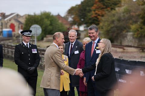 His Royal Highness The Duke of Edinburgh shaking hands with Sarah Price, Head of Locomotion, at Locomotion museum as part of S&DR200 celebrations.