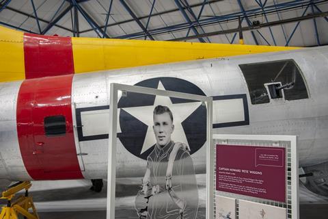 Bomber Command Exhibition at the RAF Museum London. An aircraft and story board telling the tale of an individual's role.