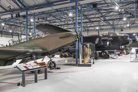 Bomber Command Exhibition at the RAF Museum London, various aircraft on display in the hangar.