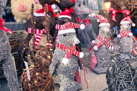 Some festive dressed penguin ornaments on display at Gloucester Quays