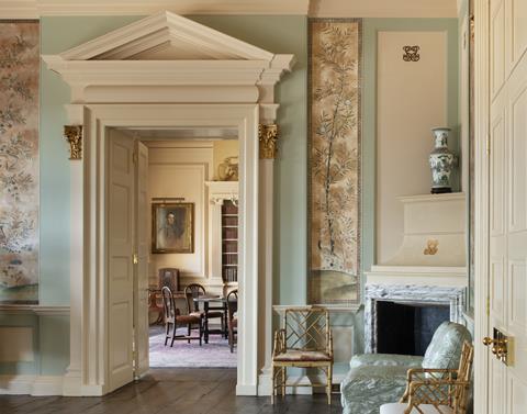 Trent Park House of Secrets, angle from Sir Philip Sassoon's Saloon with restored Chinese wallpaper looking east towards the Library.