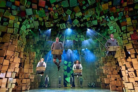 Cast of Matilda The Musical during the swing sequence