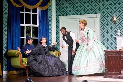 Oliver Stockley (Mary’s Husband’s Assistant), Mason Alexander Park (Mary Todd Lincoln), Giles Terera (Mary’s Husband) and Kate O’Donnell (Mary’s Chaperone).