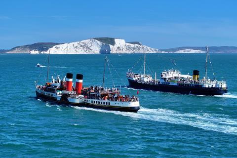 Steamship Shieldhall and PS Waverley passing the Needles in 2023 Credit Will Faulkner DJI_20230904132852_0179_D