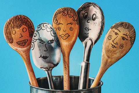 wooden and metal spoons with illustrated faces