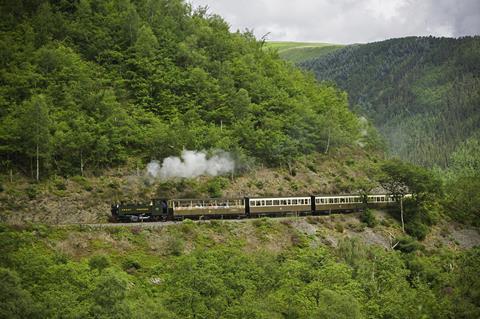 A Vale of Rheidol Railway steam train in the picturesque countryside.