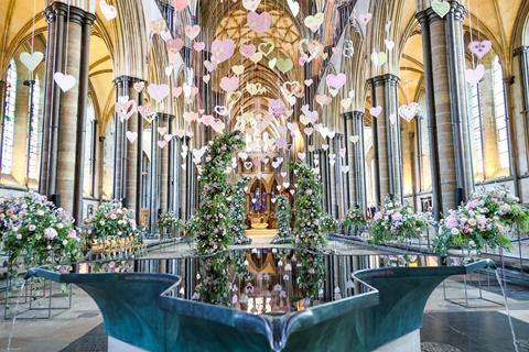 The interior of Salisbury Cathedral decorated for the Flower Festival