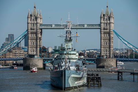 View of HMS Belfast with Tower Bridge in the background