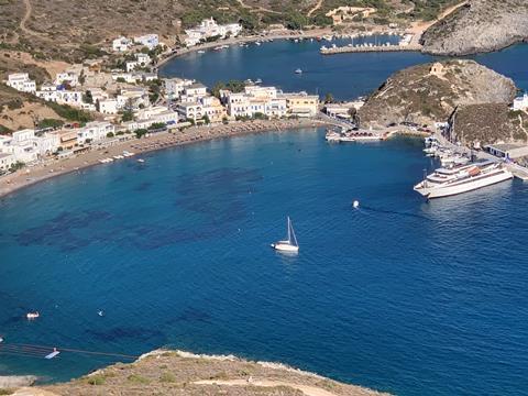 The harbour at Kythira, Greece with Variety Voyager moored on the right