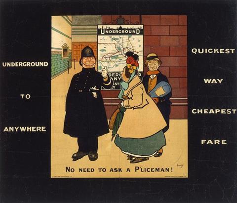 One of the posters on display as part of the London Transport Museum's new gallery is 'No need to ask a p'liceman, by John Hassall, 1908