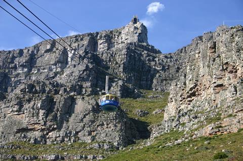 A cable car going to Table Mountain in South Africa