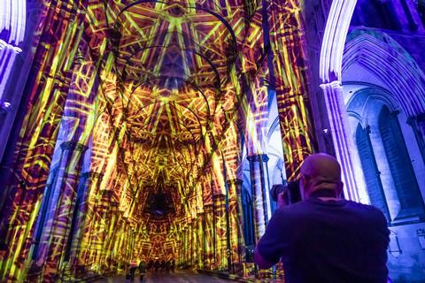 The Luxmuralis Light Experience installation at Salisbury Cathedral in 2023