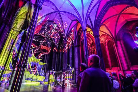 The Luxmuralis Light Experience installation at Salisbury Cathedral in 2023
