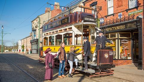 Visitors getting on a tram at Beamism, The Living Museum of the North