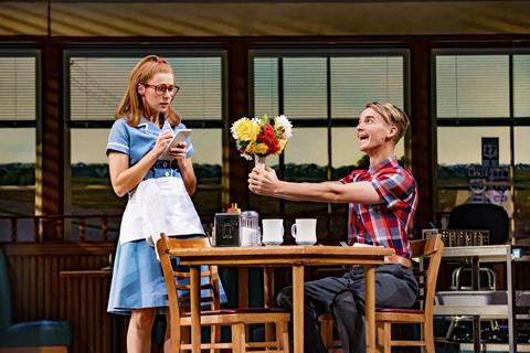 Laura Baldwin as Dawn with Joe Sugg as Ogie in Waitress 