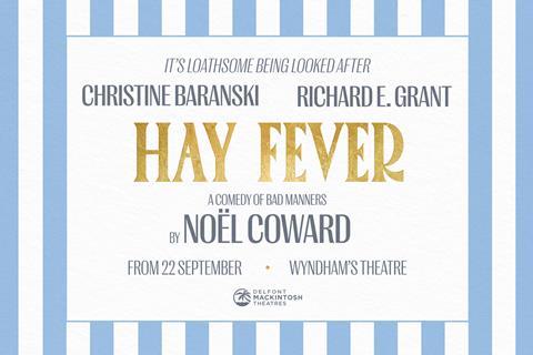 A blue and white striped poster advertising the play Hay Fever