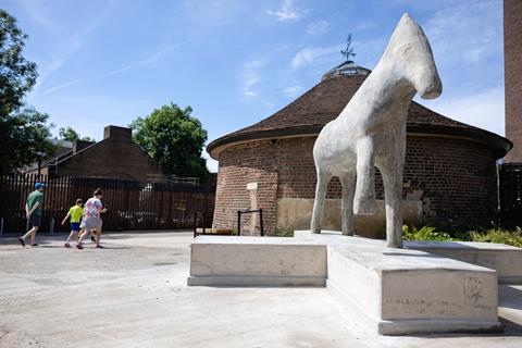 A concrete sculpture of a horse outside the Quentin Blake Centre
