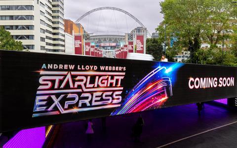 A billboard advertises Andrew Lloyd Webber's Starlight Express show which is returning to the Wembley Park Theatre