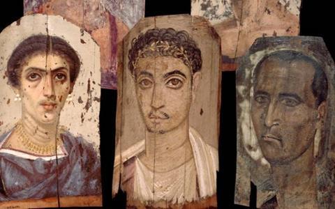 Three paintings of various people on distressed wooden backings.