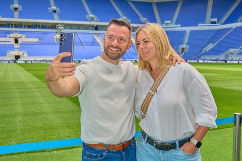 A couple take a selfie during an Everton Football Club Stadium Tour