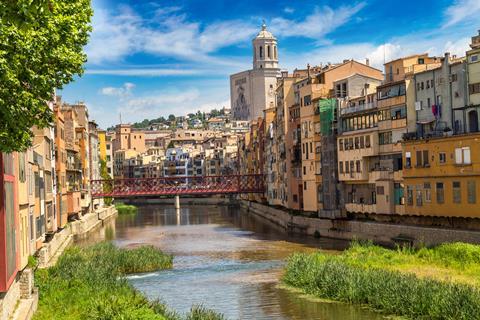 Colourful buildings next to the river in Girona, Spain